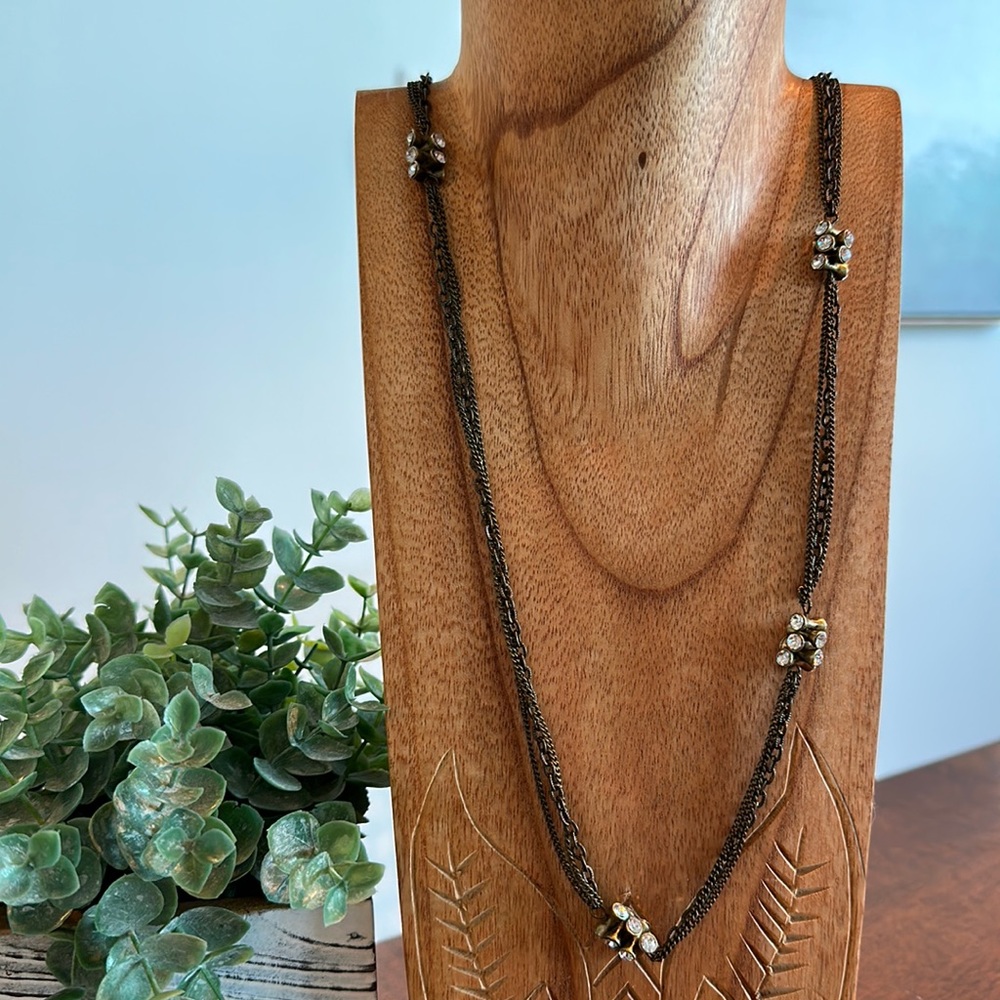 LOFT antique gold long statement necklace with clear crystals ✨
